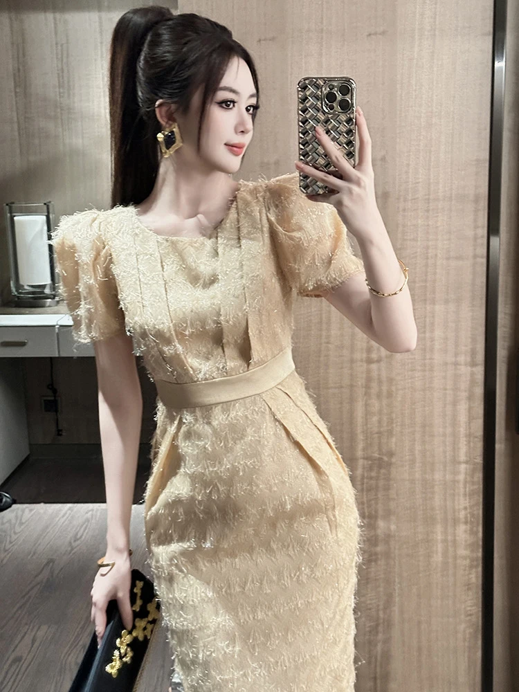 Frauen Kleidung Formelle Anlässe Kurzarm Quasten Schlank Midi Bleistift Kleid Elegante Pendeln Dame Mode Party Vestido Robe Sommer