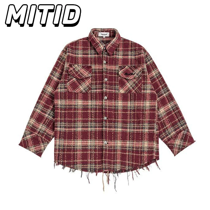 Y2k Streetwear Men Shirts Letters Embroidery Multi-pockets Plaid Shirt Men Casual Loose Retro Raw Edge Designer Shirts Blouses