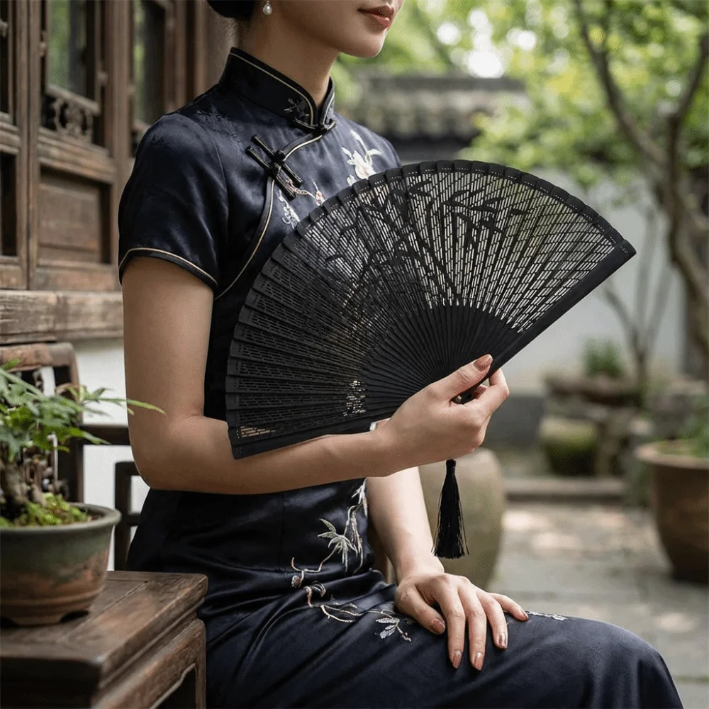 Portable Hollowed-Out Folding Fan Classical with Tassel Chinese Style Bamboo Fan Decorative Vintage Dance Fan Cheongsam Matching