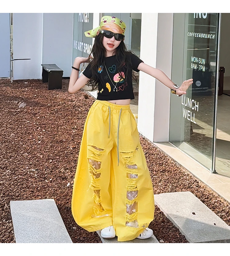 Teenager-Mädchen Mode Street-Style Y2K Kleidungsset Outfits für Mädchen Sommer T-Shirt + zerrissene Hosen Streetwear Coole Kinderkleidung Anzug – Detail 8