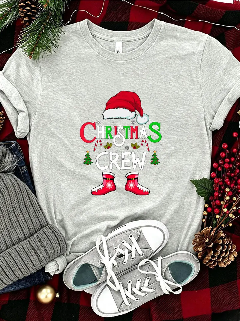Weihnachts-Crew-Grafik-T-Shirts für Damen und Herren, T-Shirts mit Weihnachtsmann-Mützen-Print, kurzärmelige Oberteile für Weihnachten, passende Familien-Outfits für Partys, Geschenke – Detail 3