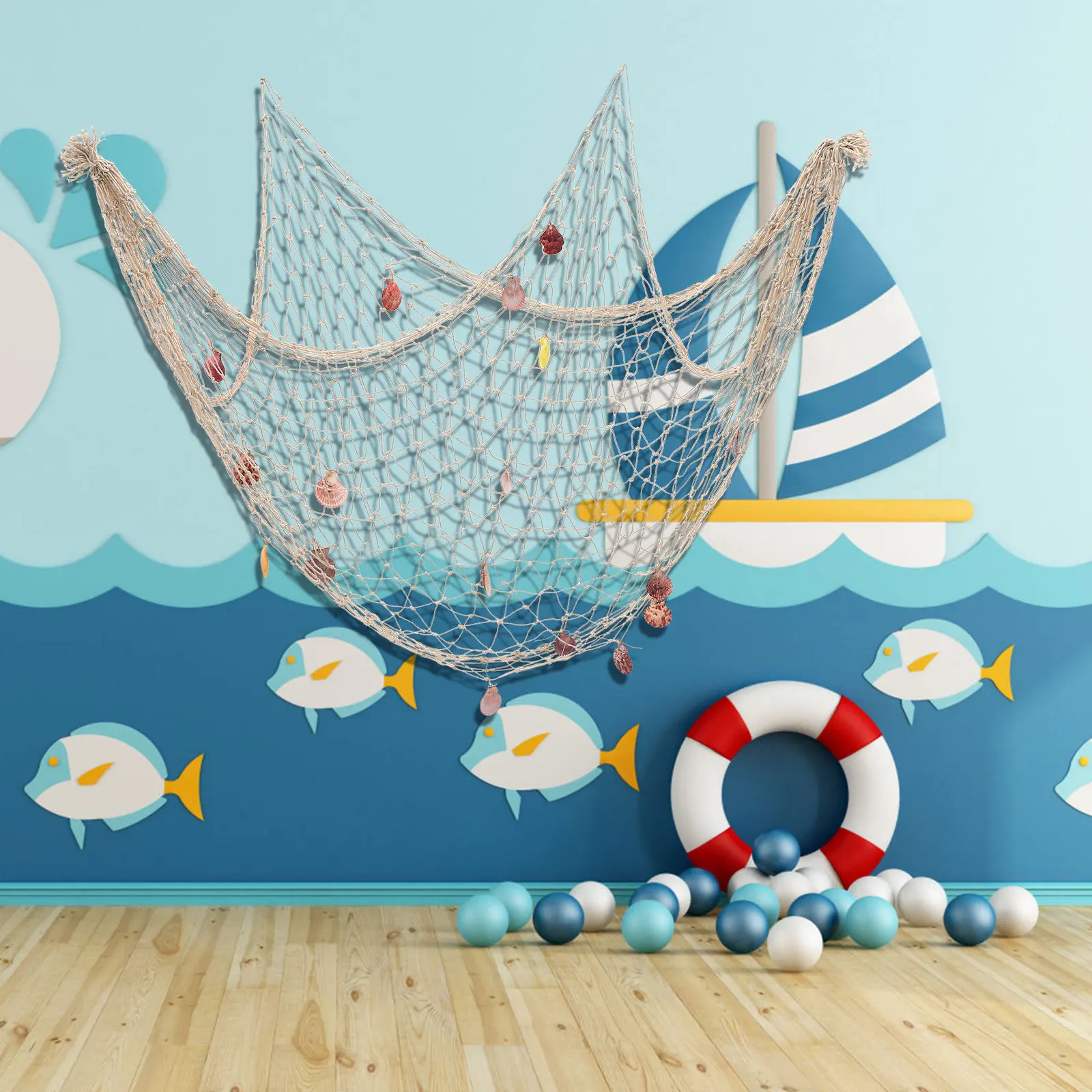 

Decorative Fishing Net Premium Cotton Rope Nautical Wall Hanging with Shells for Bedroom Living Room Beach Themed Decor Backdrop
