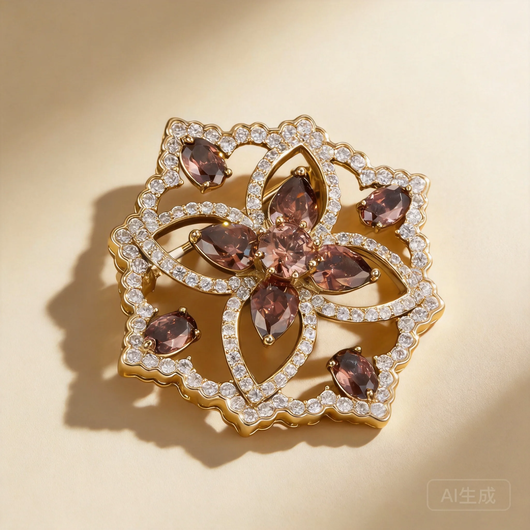 

Chinese Style Lucky Auspicious Hollow Window Grille Flower Brooch Copper Alloy Paved Clear Champagne Zircon Elegant Jewelry For