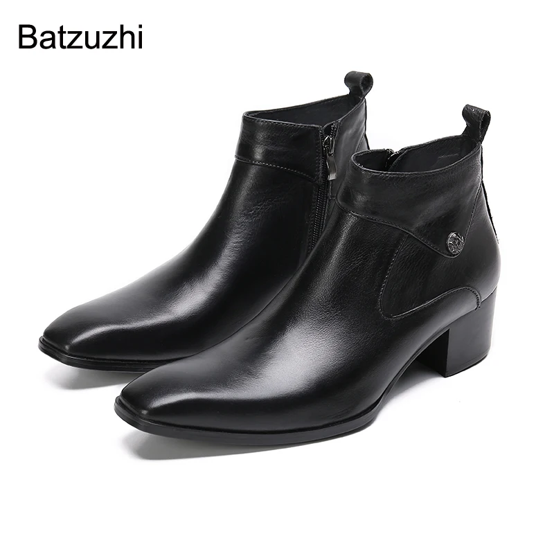 

Batzuzhi 6cm Heels High Black Ankle Leather Boots for Men Pointed Toe Zipper Botas Hombre Business Shoes Men, 38-47！