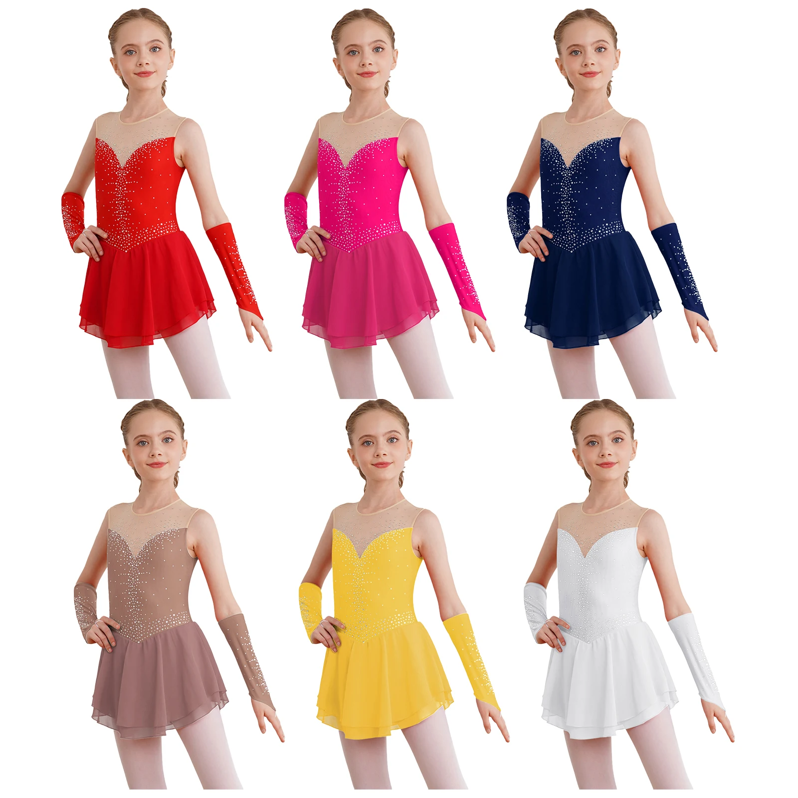 Kids Girls Ballet Leotard Dress Figure Skating Stage Performance Dancewear Keyhole Back Sleeveless Leotard Dress with Gloves