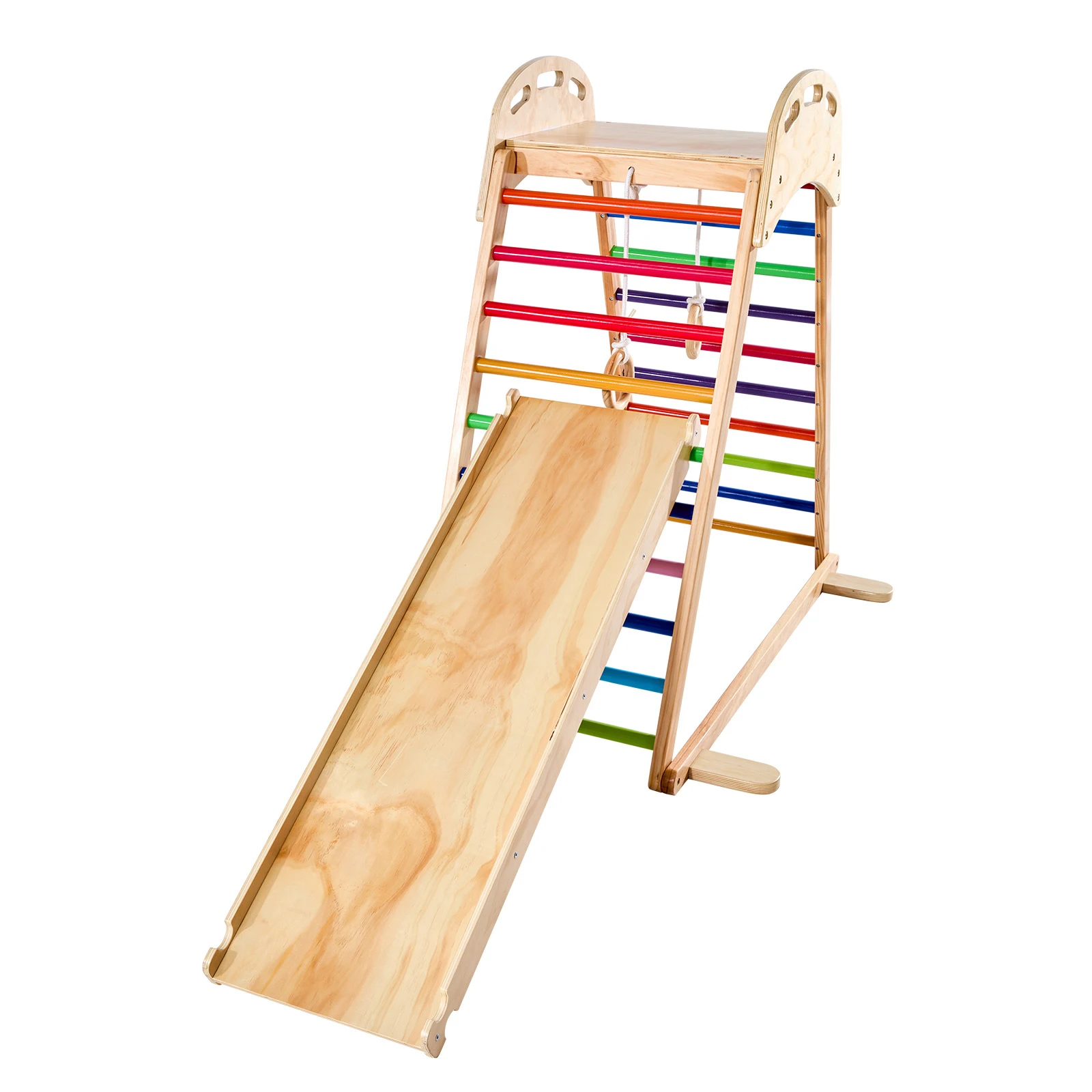 Indoor Playground Jungle Gym, 4-in-1 Wooden Indoor Playground Playset with Climbing Rock, 220LBS, Slide, Wooden Ladder & Gym Rings, Montessori Style Playground Climbing Toys for Boys Girls