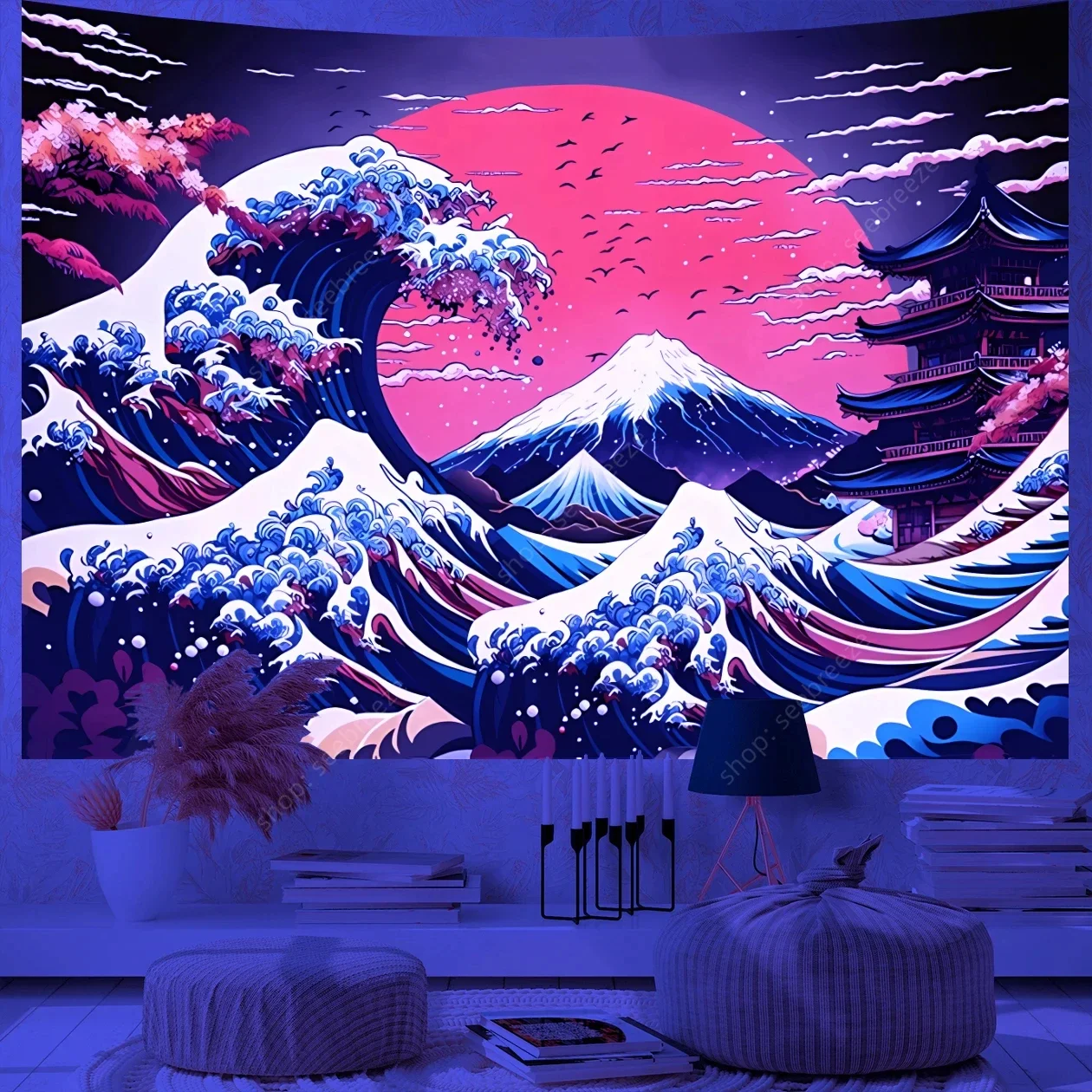 Tapisserie Japonaise Réactive aux UV, Grandes Vagues, Mont Fuji, pour Décoration de Chambre, Couverture de Rideau Esthétique, Décor Mural de Maison