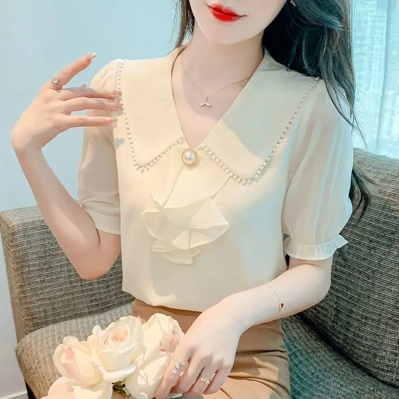 Summer Woman Clothes Chic Ins Elegant Short Sleeve Simplicity Chiffon Shirt Pearl Pure Temperament Tops Fashion Turn-down Collar