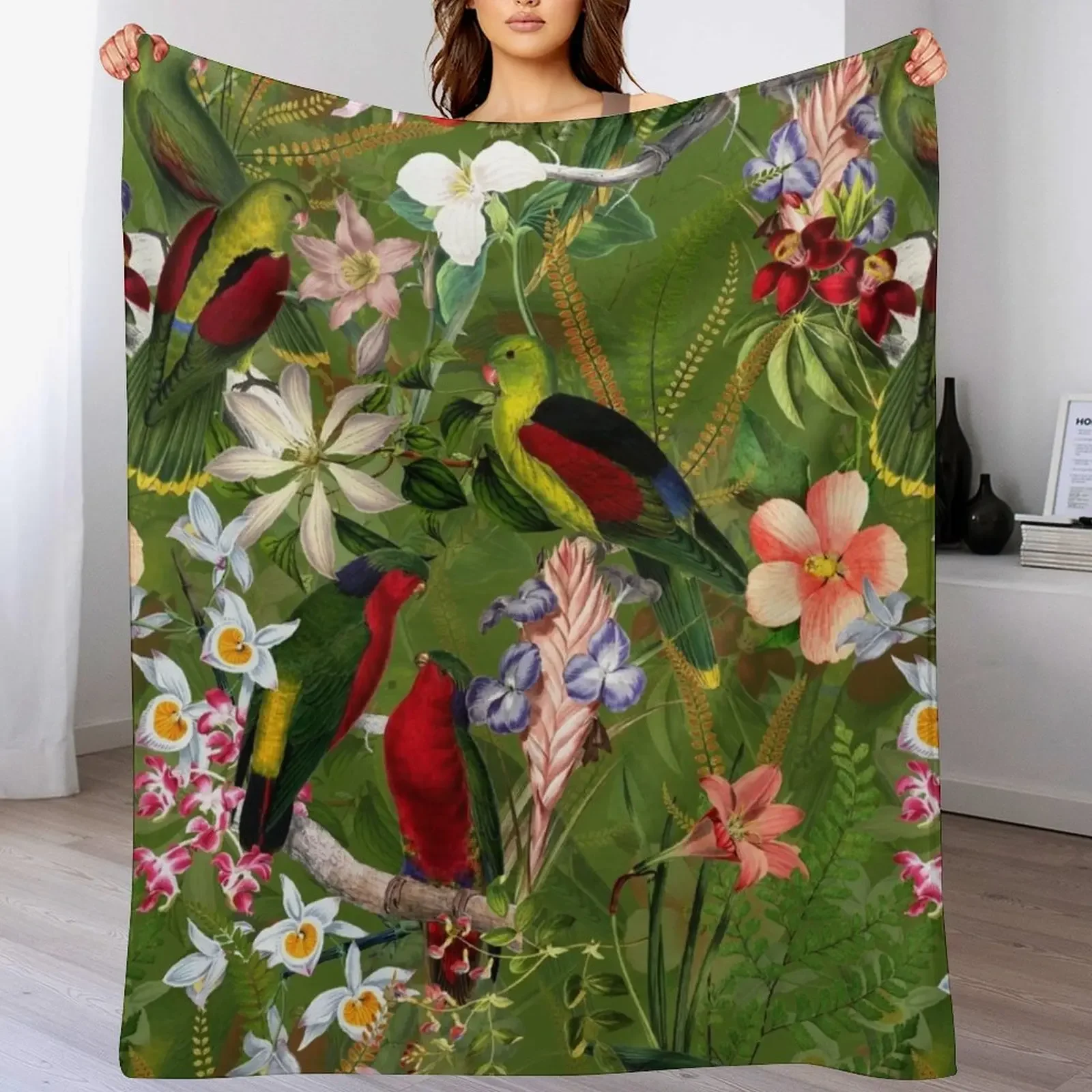 

Vintage Parrot Jungle Botanical Garden 3 Throw Blanket Warm Plush Fuzzy Blanket for Living Room