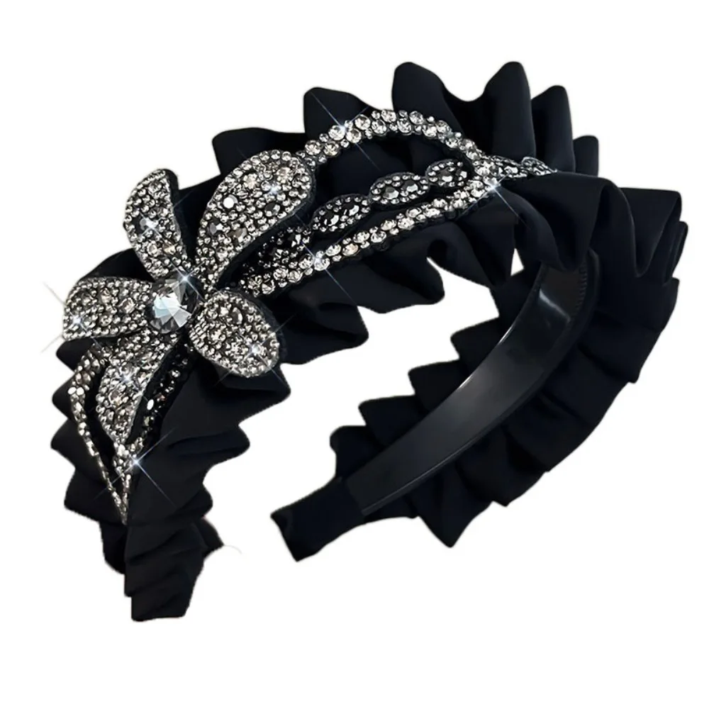 

Fashion Cloth Black Hairband Rhinestone Flower Women Hair Hoop Wide Korean Style Wrinkle Headband Office