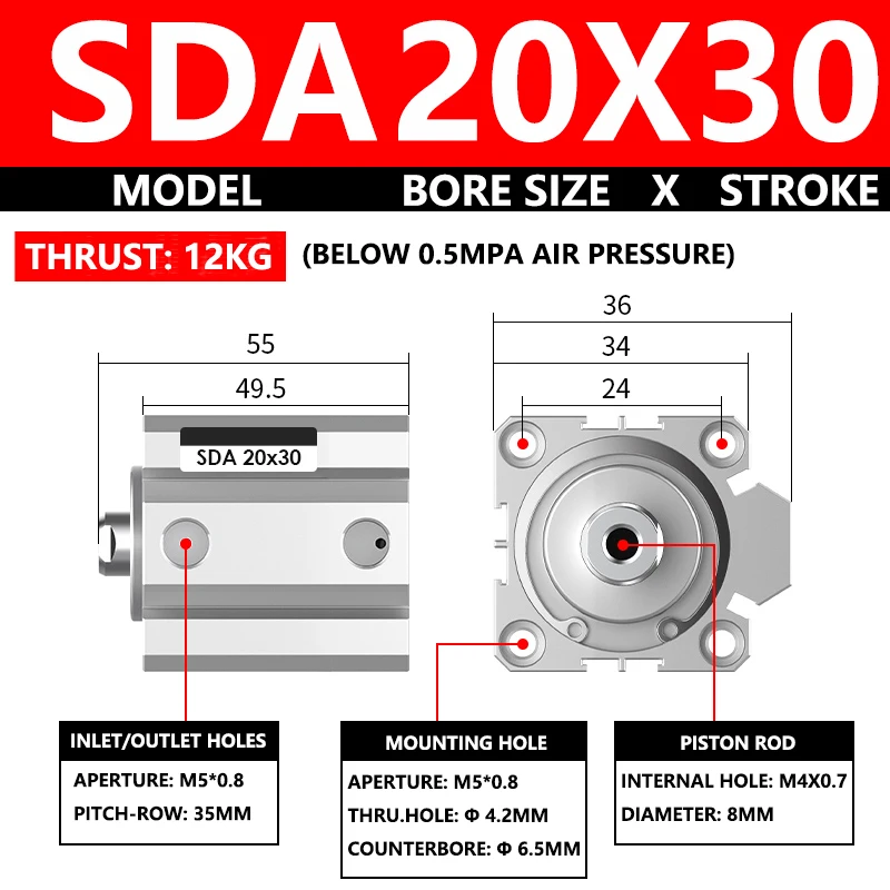 ABILKEEN SDA 20X30 SDA Series Thin Air Cylinder 20MM Female Thread Bore X 30MM Stroke Double Acting Pneumatic Compact Cylinder