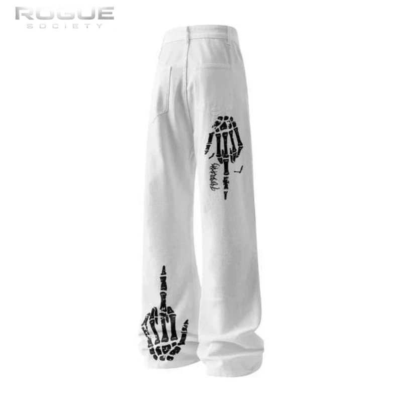 American Retro Grunge Skeleton Print Flare Jeans Unisex Y2k High Waist Washed Distressed Denim Pants Vintage Streetwear Harajuku view 2