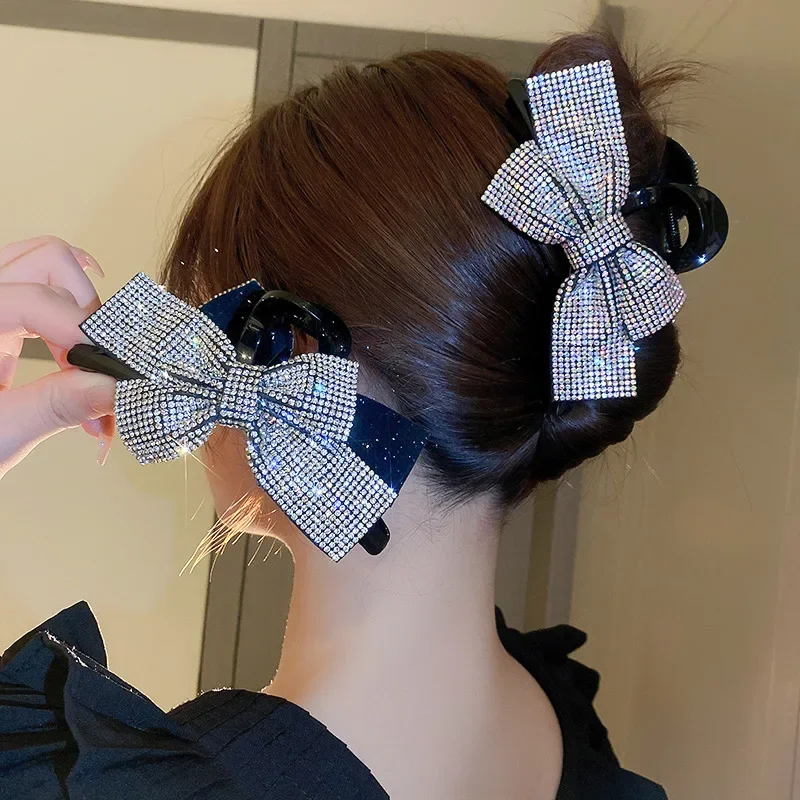 Fashion Shiny Rhinestone Bow Hairpin Crystal Hair Claw for Women Girls Barrettes Wedding Headpiece Korean Hair Accessories