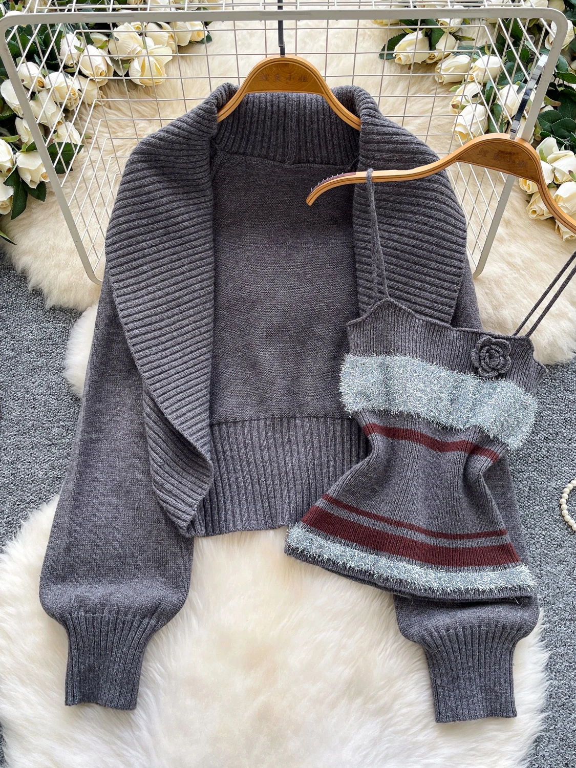 엘리 니트 오픈 가디건 스웨터 여성용 스트라이프 튜브탑 베스트 가을 패션 세트 하이웨이스트 슬림핏