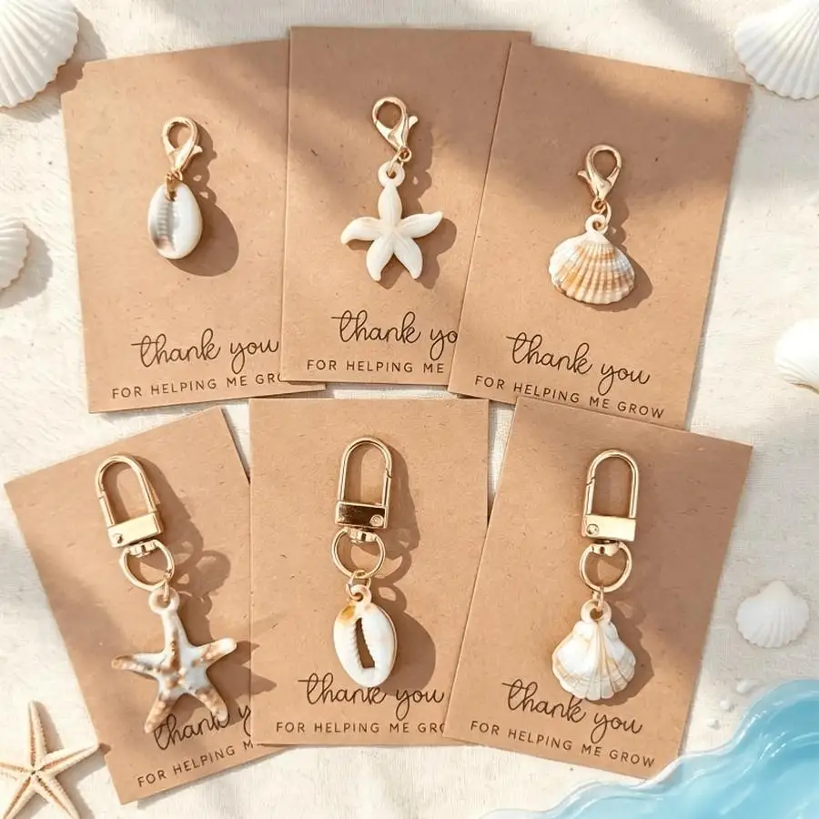 1/5/10/20/50/100pcs 6-piece sets of ocean-themed keychains featuring seashells and starfish, with a kraft thank-you card; bag ch