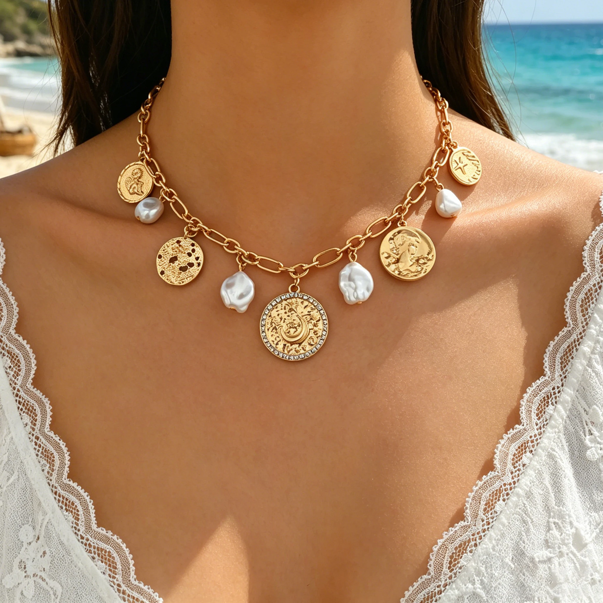Gold Tone Paperclip Chain Choker Necklace Faux Baroque Pearl Moon Star Coin Charm Vintage Boho Summer Trendy Jewelry