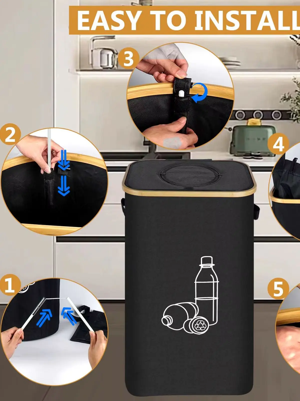 Conteneur de collecte de bouteilles de dépôt pliable de 100/145L avec couvercle et sacs de transport amovibles 2/4 – Bac de rangement en toile Durable