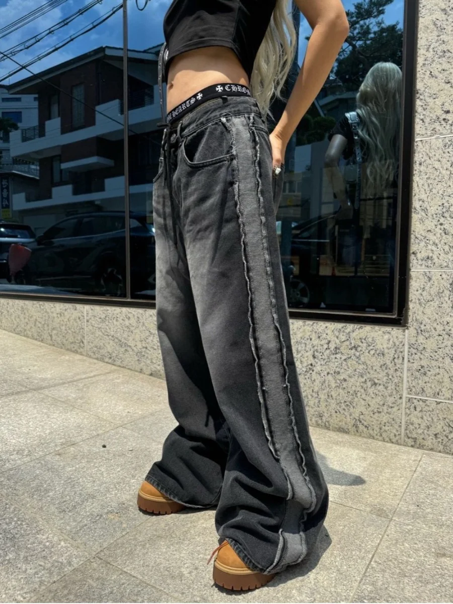 

Retro Faded Denim Wide Leg Pants Women's Sweet Cool Versatile Loose Belted Straight Side Strip Floor-Length Trousers