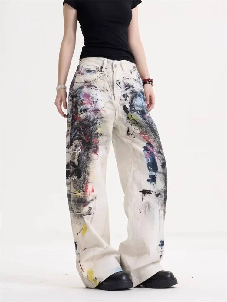 

2025 Autumn Punk Y2K Painting Graffiti Vintage Baggy Jeans Women Streetwear Wide Leg Denim Pants Gothic Long Trousers