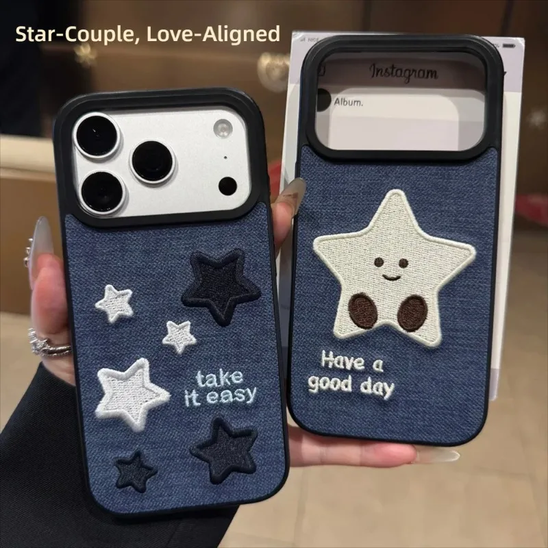 Denim Star Embroidered Phone Case, Soft TPU Shockproof Cute Protective Cover Compatible With iPhone Women Daily Couple Use