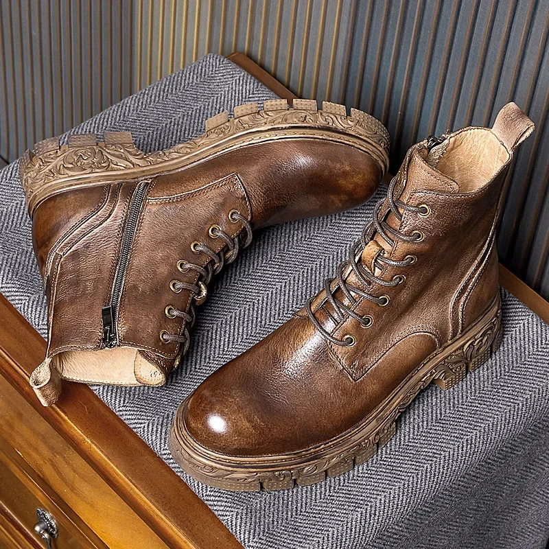 

Retro Mens Genuine Leather Boots Luxury Handmade Quality Comfortable British Style Round Toe Round Toe Outdoor Social Shoes Man