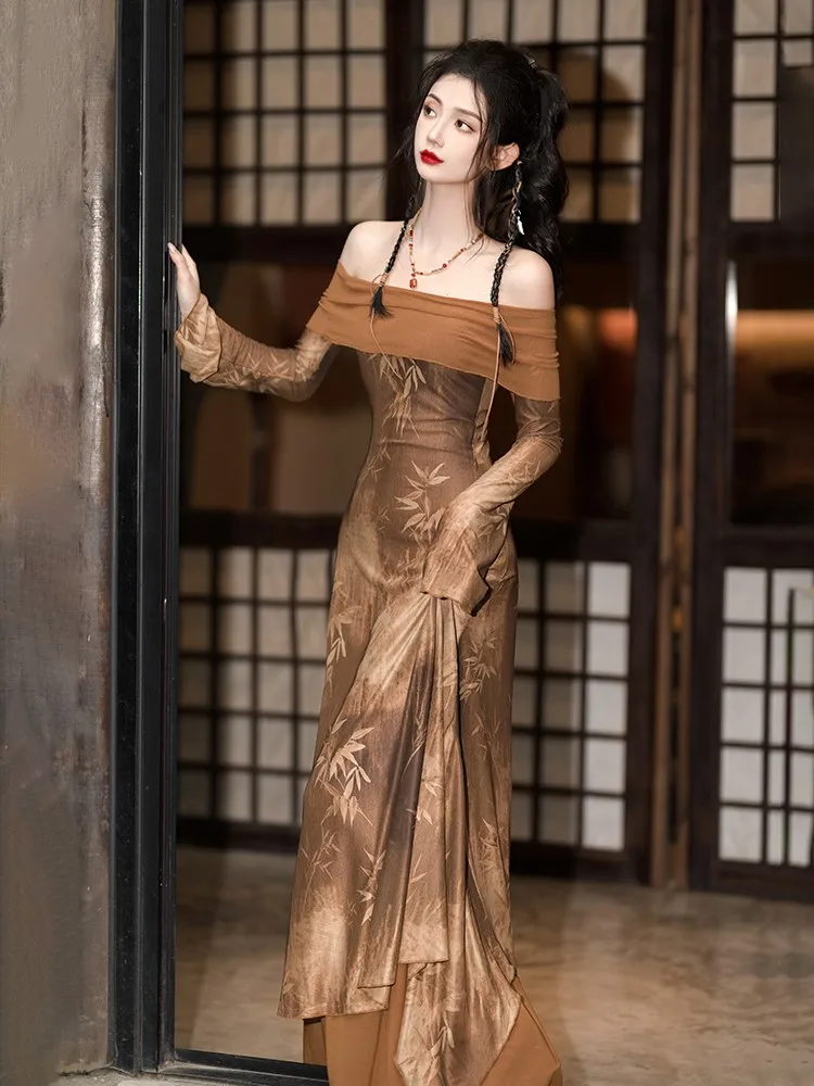 A new Chinese-style one-shoulder dress for women pure and elegant long