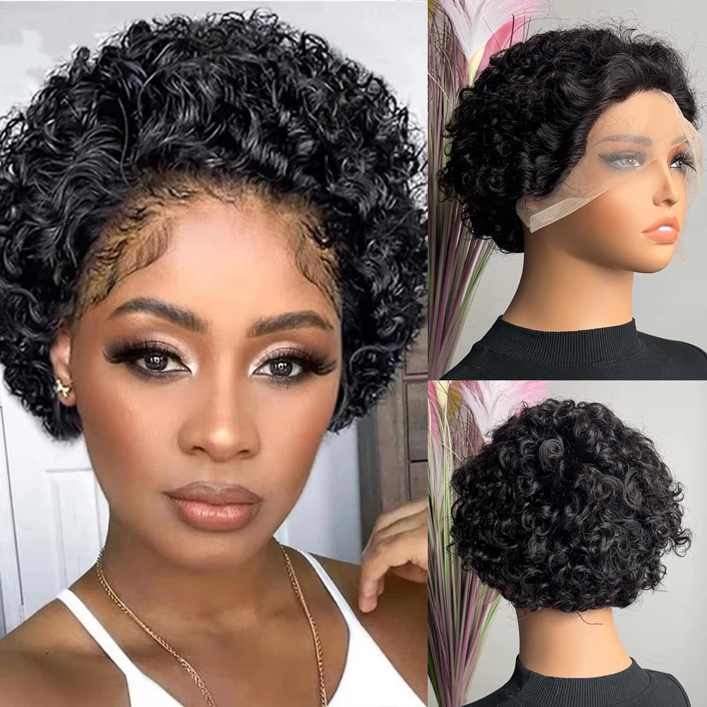 Peluca Frontal de encaje HD 13x1, pelucas rizadas con corte Pixes, cabello humano hinchable, 180% de densidad, 6 pulgadas, pelucas cortas rizadas prearrancadas de moda