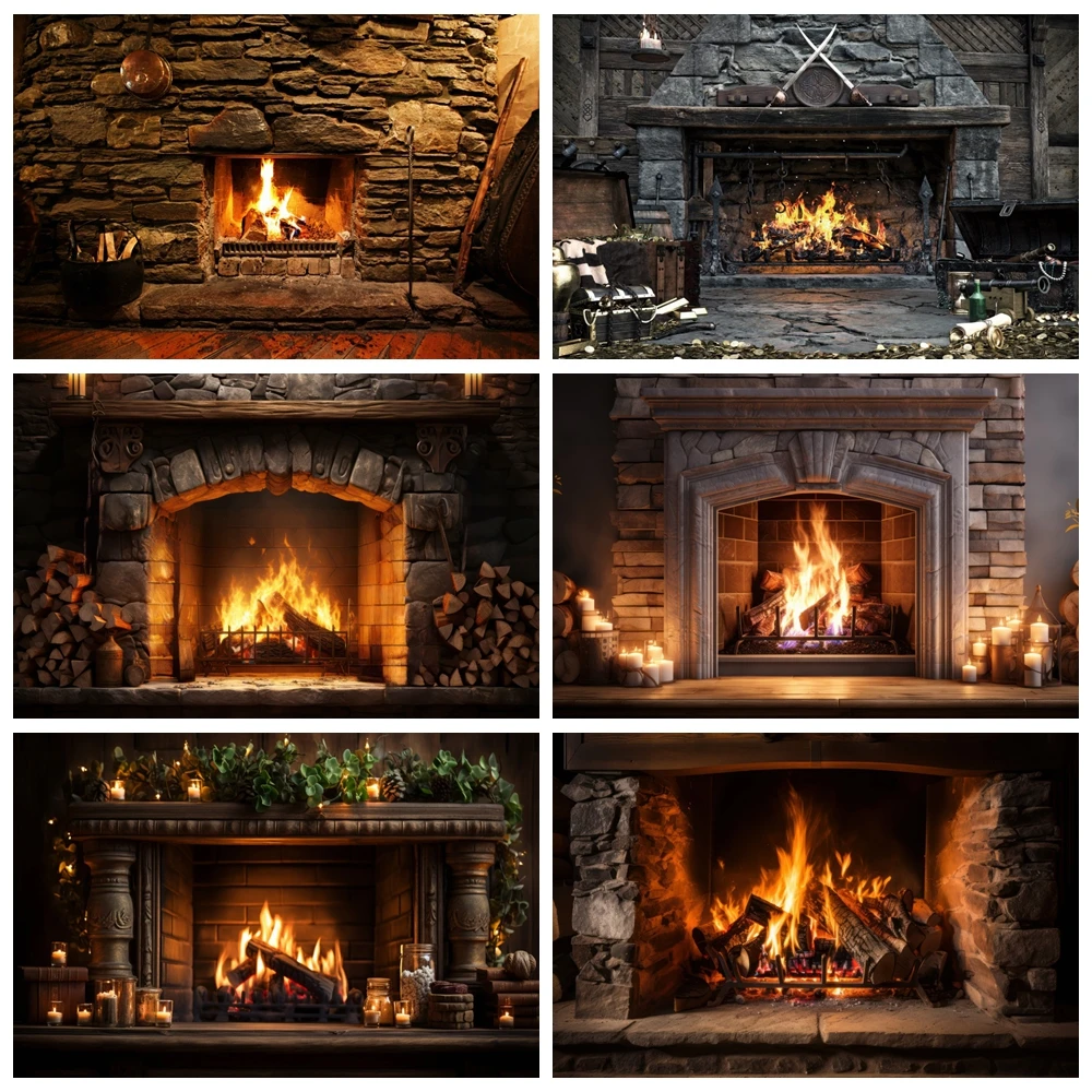 Christmas Fireplace Background for Photography Burning Firewood Flame New Year Home Decor Photographic Backdrops Photo Studio