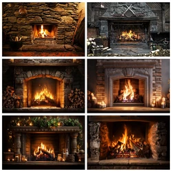 Christmas Fireplace Background for Photography Burning Firewood Flame New Year Home Decor Photographic Backdrops Photo Studio