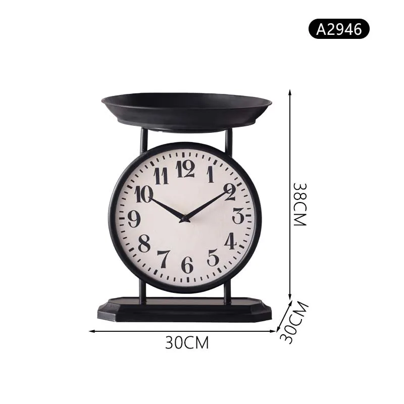 European Desktop Round Clock Black Creative Vintage TableClock American Wrought Iron Tray Ornament Studio Shooting Props