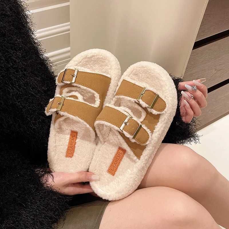 

Women's Plus Size New Belt Buckle Straight Drag Autumn and Winter Outdoor Wear with Plush Cotton Slippers