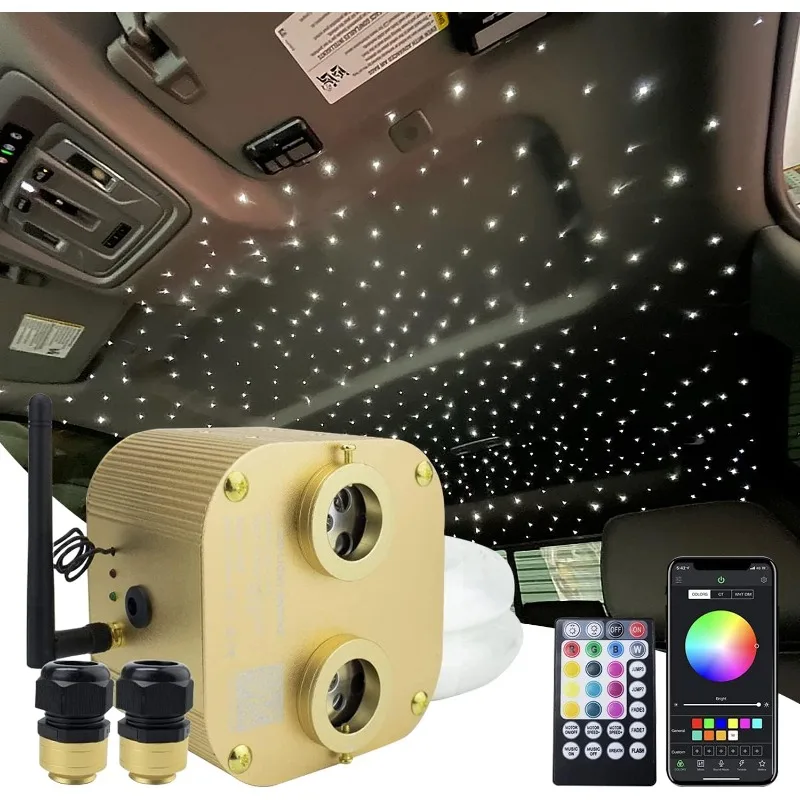 Dual-Head Twinkle RGBW 20W Fiber Optic Light 1100pcs*0.03in*13.1ft Cable, Dual Port Starlight Headliner for Car Home Ceiling