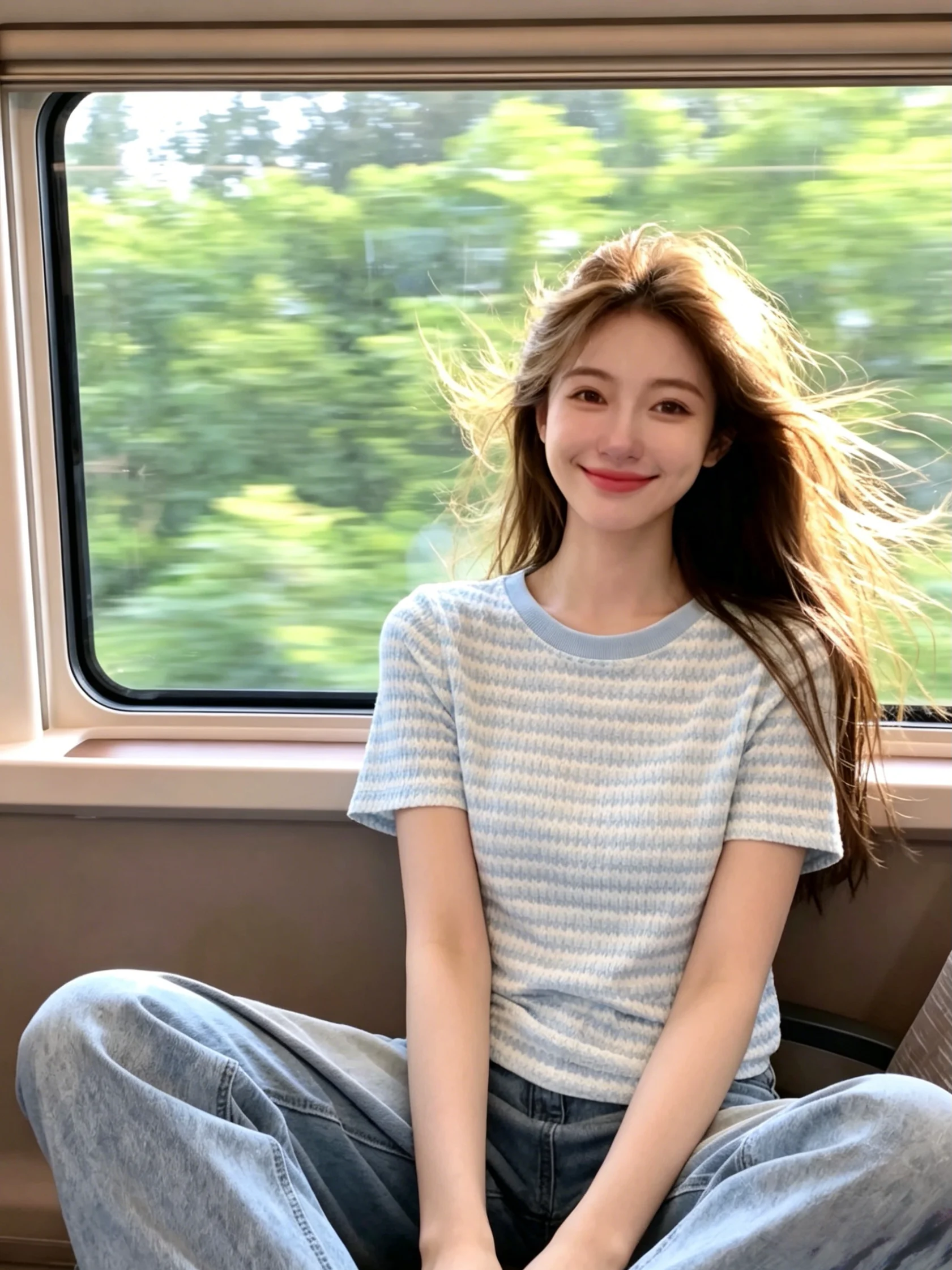 

Korean Style Sweet Loose Summer Top Self-Keeping Knitted Short Sleeve round Neck Stripe Color Block Age-Defying Women's Shirt