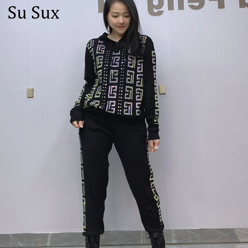 

Casual Knitted Hoodie Sweatershirt 2 Pieces Pant Sets Women Sequins Long Sleeve Tops and Pencil Pants Outfits Vestidos Streetwea