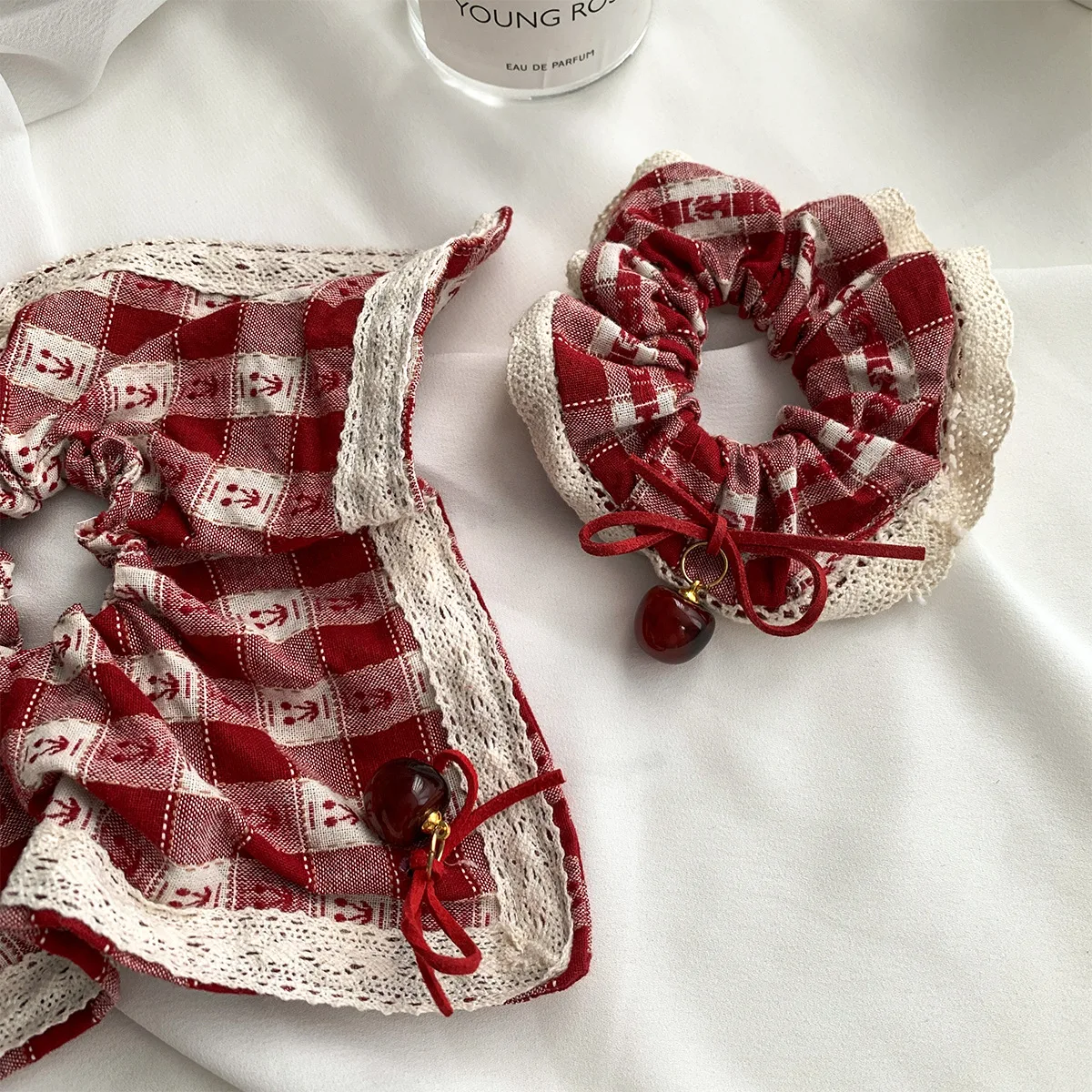 Women\'s Scrunchies Sweet Style Red Check Cherry Scrunchie Lace Lace Cherry Square Scarf Hair Rope Hair Accessories Girls Gift