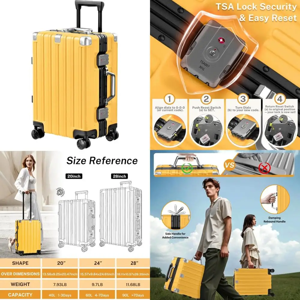20 Inch Aluminum Frame Spinner Luggage with TSA Lock, Hardshell PC+ABS, No Zipper, Carry On Suitcase for Travel