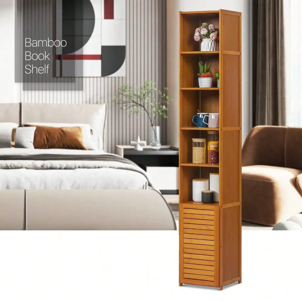 

12" Bamboo [ADJUSTABLE SHELF] 7-Tier Book Storage Shelves w/Shutter Door Cabinet