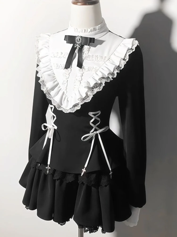 Conjunto de vestido de encaje Vintage gótico japonés para mujer, vestido ajustado Vintage de Lolita, Tops + pantalones cortos Y2K, conjuntos elegantes de moda de 2 piezas, nuevo