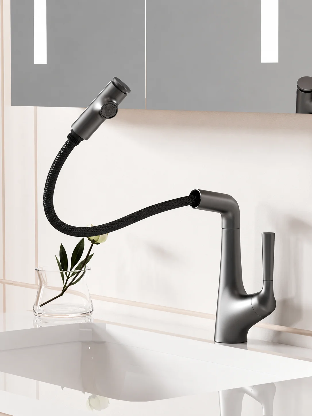Gunmetal Gray Kitchen Pull Out Faucet Mechanical Flip Spray Hot Cold Basin Sink Mixer Tap Swivel