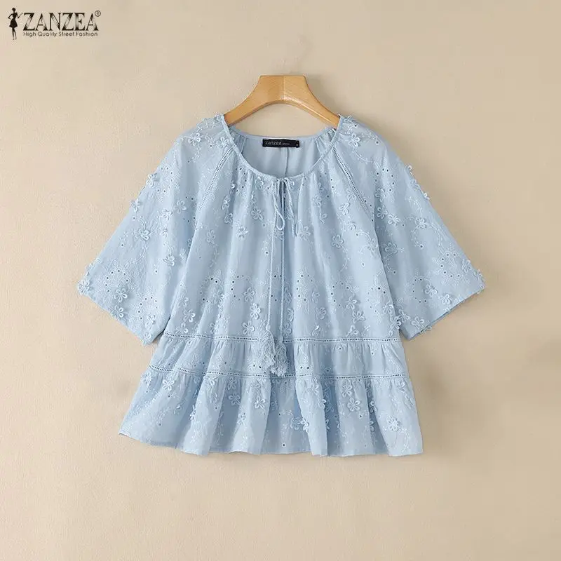 ZANZEA Vacation Holiday Tunics Fashion Lace Tunic Women Blouse Solid Color Tops 3/4 Sleeve Blusas Casual Loose Tops 4