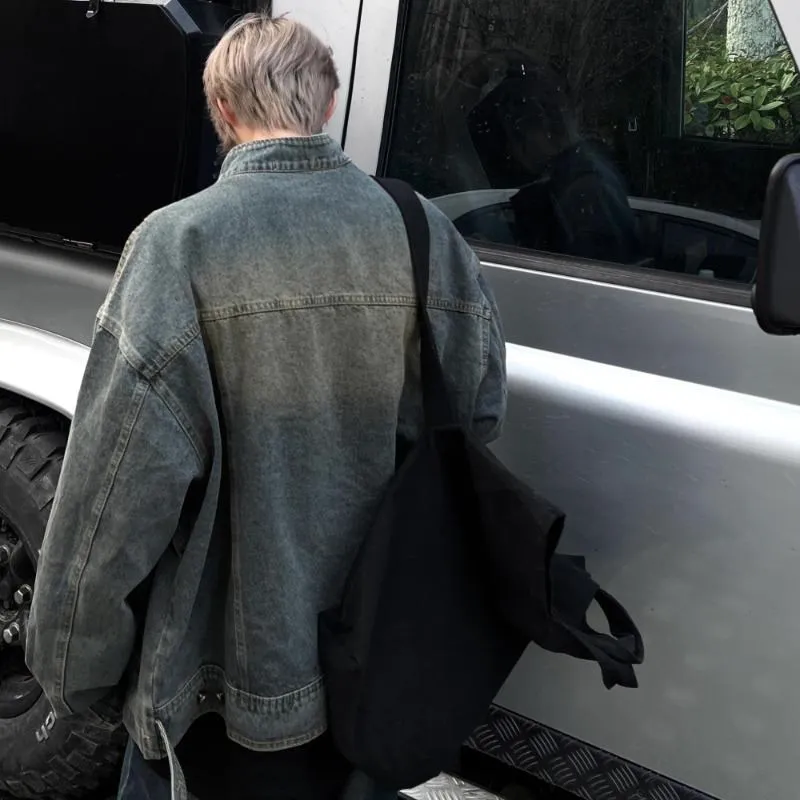 

Retro American Waed Yellow Mud Dyed Stand Collar Jeans Jaet Men's Spring Autumn Loose Zipper Coat Trendy Outerwear