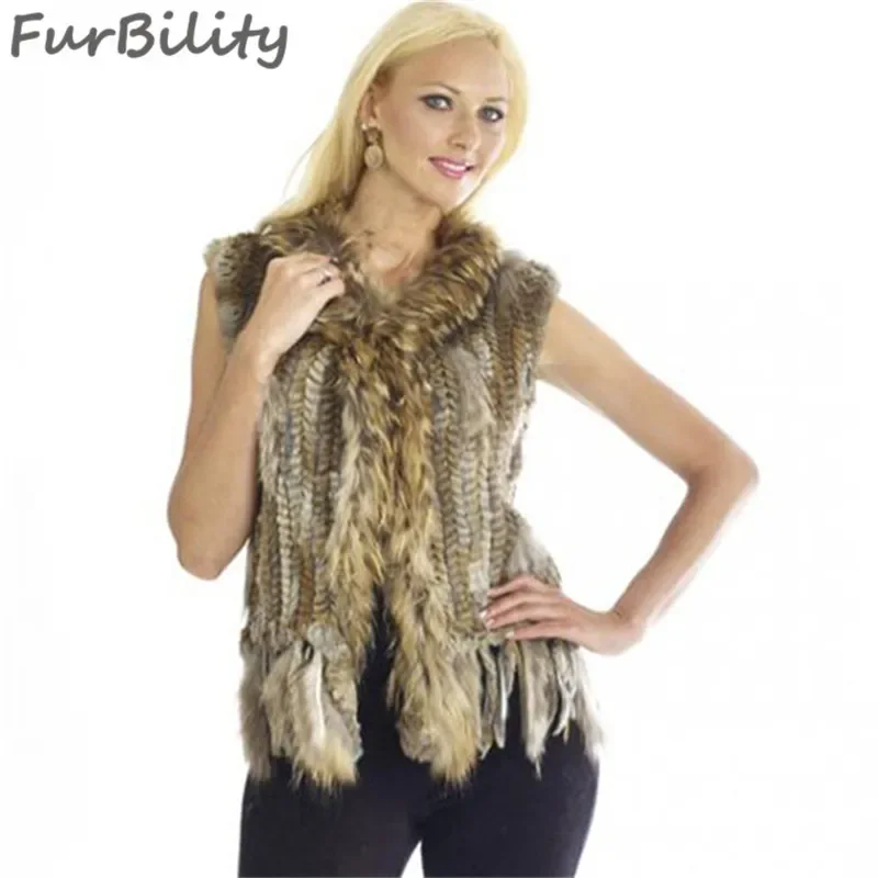 fur vest women winter wear clothes real rabbit fur vest with raccoon fur collar ladies autumn rabbit raccoon knitted vest