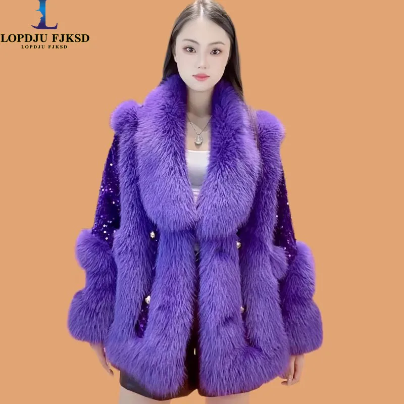 Faux Fur Coats for Women,Fur Collar Jackets,Fur Cuffs Overcoat,Female Clothes,Sequins,Thicken Warm,Luxury,New ,Winter,2025