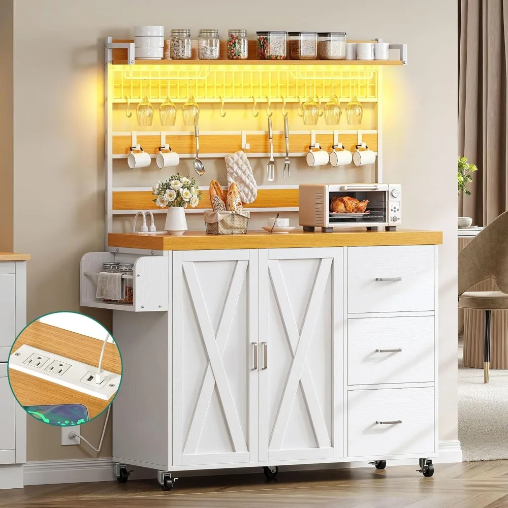 Îlot de cuisine avec prise de courant et lumière LED, grand chariot Baker T1 de 53 pouces avec armoire de rangement, grande étagère à roulettes, blanc et chêne