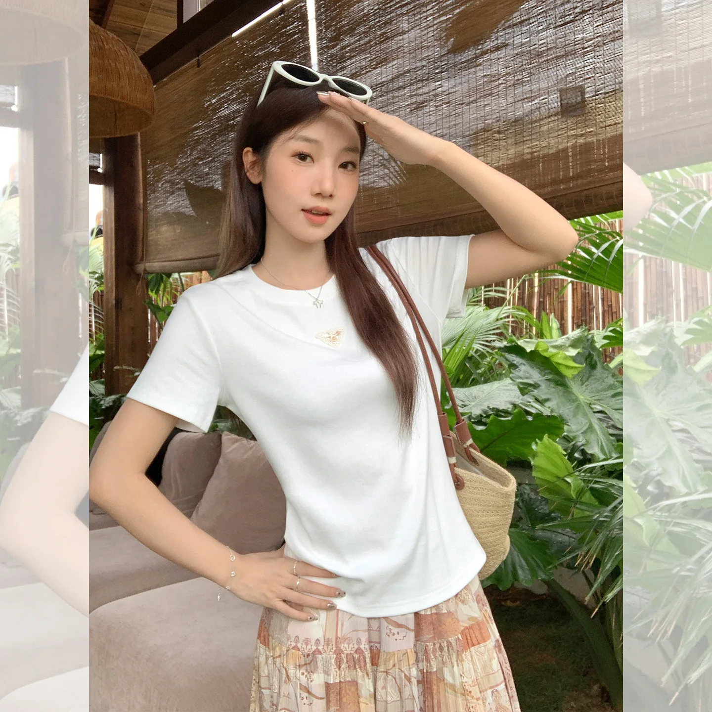 

Summer Solid Color Slimming OOTD Korean Style Fun 3D Decoration Right Shoulder Round Neck Short Sleeve T-Shirt for Women 2025