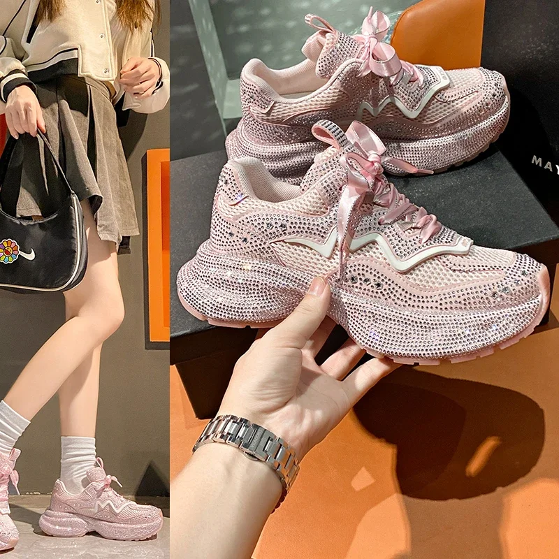 

High Quality Thick Sole Full Diamond Fashion All Comfortable Non-slip Breathable Sports Casual Wear-resistant Single Shoes Women