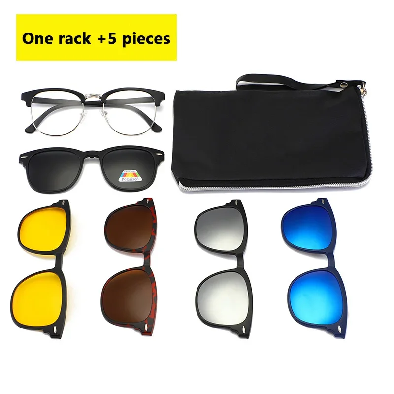 6 In 1 Spectacle Frame Men Women With 5 PCS Clip On Polarized Sunglasses Magnetic Glasses Male Computer Optical 2201