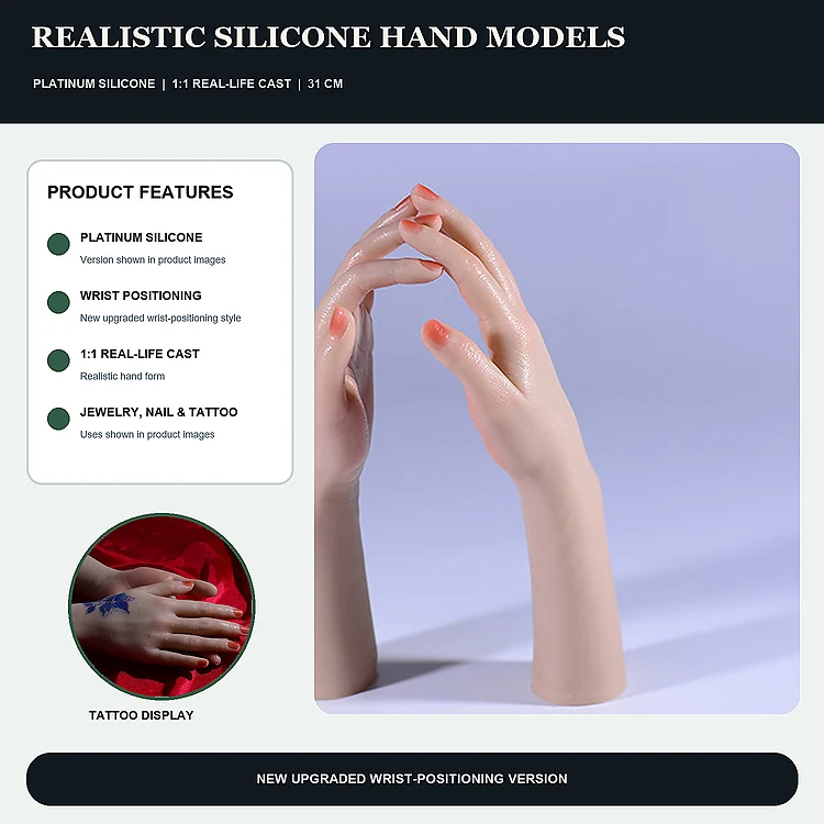 

Lifelike Silicone Hand Model 31cm Simulation Female Hand for Jewelry Display E-commerce Photography Tattoo Art Training TGDW01