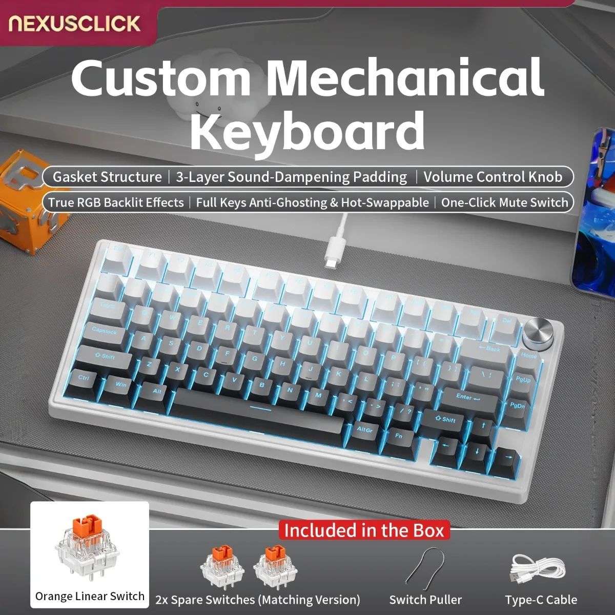 NEXUSCLICK K80 Wired Mechanical Keyboard,Hot Swappable RGB Backlit Volume Knob 80% Layout Gaming Keyboard for Laptop Office Work