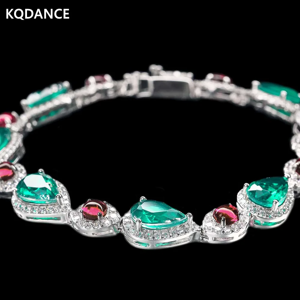 

KQDANCE Новый браслет из стерлингового серебра 925 пробы с грушевой огранкой, лабораторный сапфир, изумрудный рубин, высокоуглеродистый бриллиант, драгоценный камень, теннисный браслет, ювелирные изделия